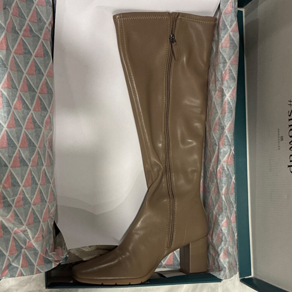 Aerosoles Micah Knee High Riding Boot Taupe Synthetic Zip Zipper Round Toe 8.5M - Picture 2 of 5